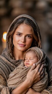 Mother Cradling Newborn Wrapped in Linen Cloth