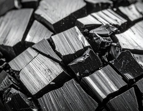 Broken black charcoal with fractured facets, dark texture background with copy space