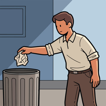 Man throwing crumpled paper in trash can