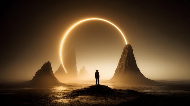 standing on an alien planet beneath a gigantic ringed world, glowing horizon illuminating strange rock formations, atmospheric dust suspended in the air, dramatic rim lighting, cinematic science