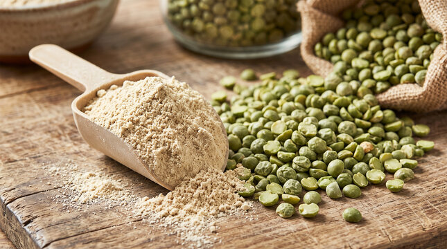 Pea protein powder in a wooden scoop with dried green split peas on a rustic wooden table