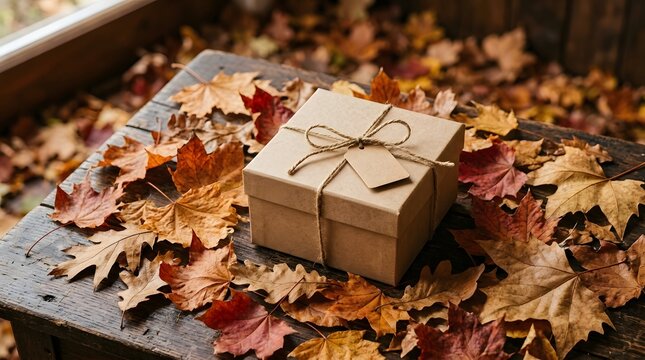 Thoughtful autumn gift box nestled among vibrant fall leaves, embodying seasonal appreciation