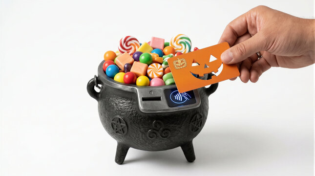 A creative 3D composition depicting an orange pumpkin card making an NFC payment on a potion cauldron loaded with sweets. This visual artwork highlights festive shopping sprees, impulse buying, modern