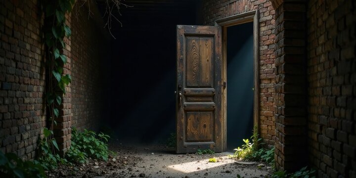 A dimly lit brick corridor, with an aged wooden door ajar, revealing a mysterious dark space beyond, sunlight streaming in, illuminating dust motes and burgeoning vegetation.