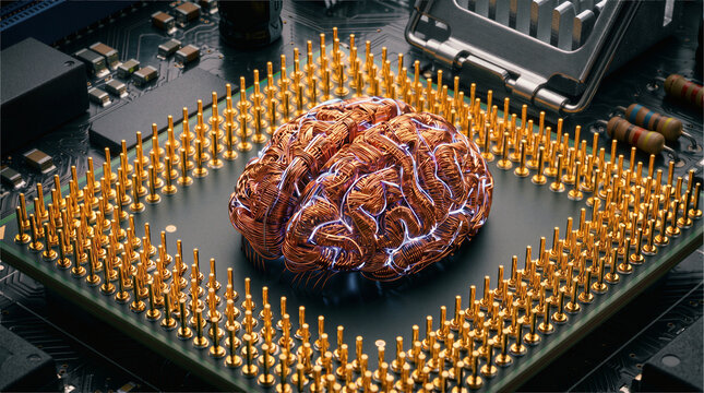 Surreal 3D illustration of a glowing artificial brain constructed from copper wires and electrical impulses seated inside a computer processor socket, symbolizing machine learning, neural networks, co