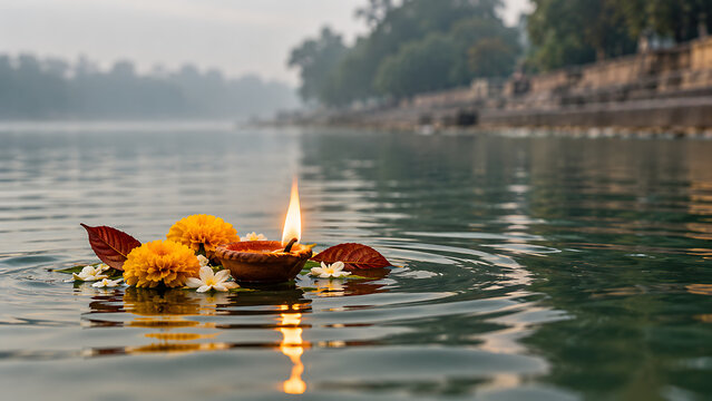 Floating diya with marigold flowers on calm sacred river during pitru paksha and durga puja ritual symbolizing prayer remembrance and spiritual devotion