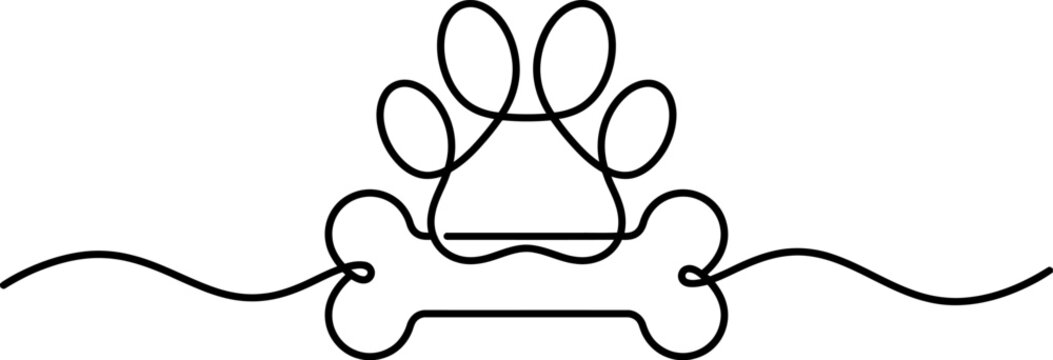 Continuous single line art drawing of a dog paw print and a bone icon