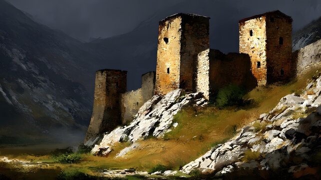 perched on a dramatic mountain cliff, surrounding clouds illuminated by golden sunset, ancient stone towers and narrow windows, mist filling the valley below, cinematic fantasy realism, detailed