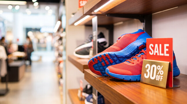Red and blue sneakers on a retail shelf with a discount sign. Black Friday footwear promotion for holiday shopping, sports fashion, and seasonal retail sales