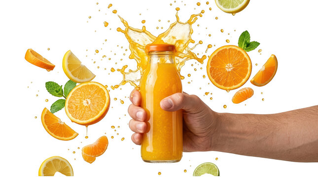 A hand holding a bottle of orange juice isolated on transparent background