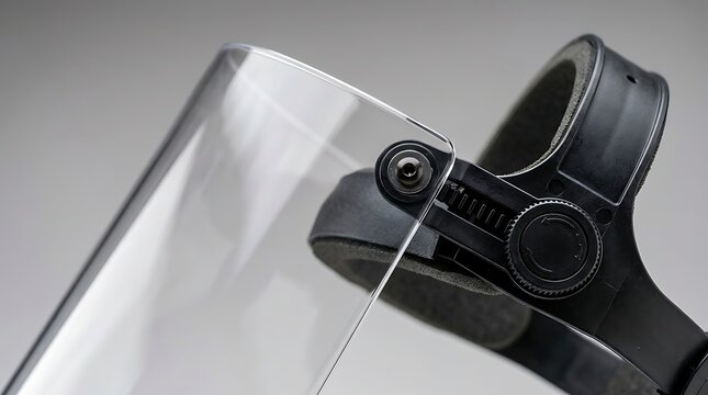 Close-up of a clear face shield with an adjustable black headgear strap on a neutral studio background