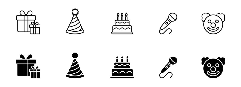 Birthday party celebration and kids event vector line and filled icon set for anniversary and carnival entertainment.