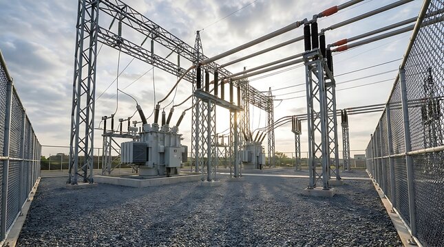 Robust outdoor electrical substation featuring powerful transformers and high-voltage transmission lines, essential for efficient power distribution and securing the energy grid