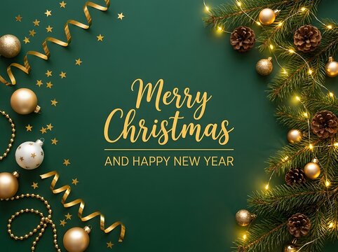 Festive christmas and new year greeting typography with decorative confetti and pine branches on dark green background