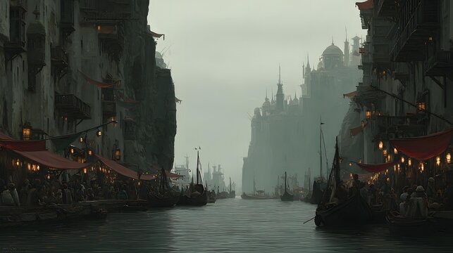 village on a misty coastline at dawn, wooden boats floating on calm water, warm lights glowing from small homes, distant mountains barely visible through fog, cinematic maritime storytelling,