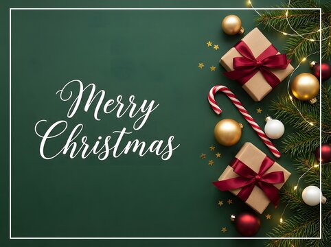 Elegant holiday gift set with candy cane and wrapped presents on dark green glittery background for christmas marketing