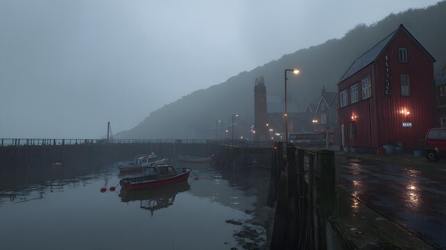 village on a misty coastline at dawn, wooden boats floating on calm water, warm lights glowing from small homes, distant mountains barely visible through fog, cinematic maritime storytelling,