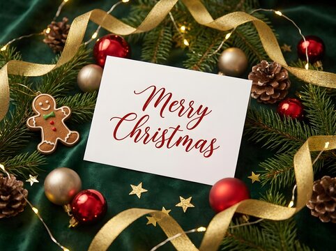 Elegant merry christmas greeting card with gold ribbon and pine cones arranged on festive greenery