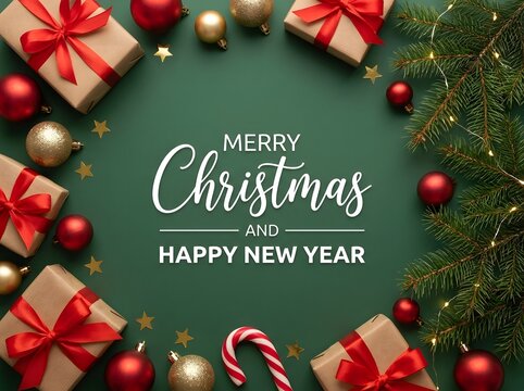 Festive holiday gift arrangement with christmas ornaments and greenery featuring merry christmas greeting text