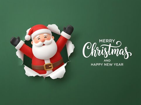 Santa Claus emerging from rolled paper with festive holiday greeting for Christmas and New Year celebration