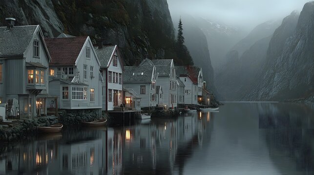 village on a misty coastline at dawn, wooden boats floating on calm water, warm lights glowing from small homes, distant mountains barely visible through fog, cinematic maritime storytelling,