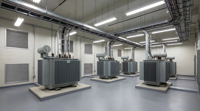 Interior view of a modern industrial facility showcasing multiple large electrical transformers, essential equipment for efficient power distribution infrastructure