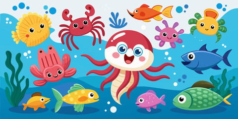Obraz premium Cute ocean sea life cartoon set with fish crabs shrimp octopus starfish and coral vector illustration no white background .vector