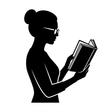 Side profile silhouette of a woman wearing glasses reading a book