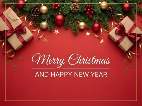 Festive holiday gift boxes arranged with red garland and ornaments on dark background for christmas new year greeting