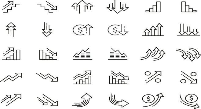 Financial growth and loss outline icon bundle showing increasing data charts upward arrows and decreasing market indicators
