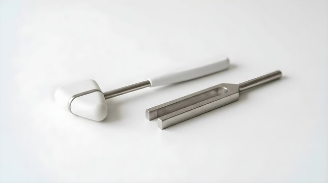 Professional medical diagnostic tools featuring a white Taylor reflex hammer and a stainless steel tuning fork isolated on a clean white background for neurological and clinical examinations.