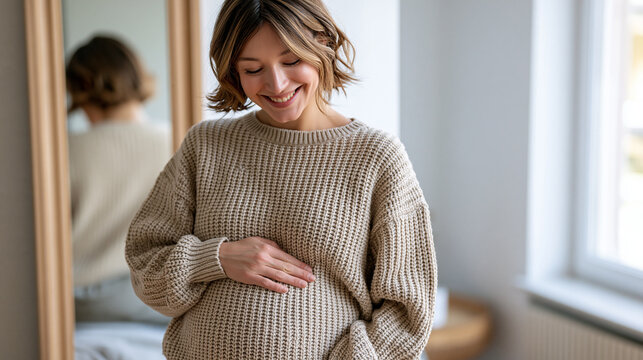 Pregnant woman feeling happy and tenderly touching her growing belly, expecting a baby and embracing the joy of motherhood at home, looking down with a gentle smile