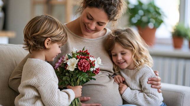 Pregnant mother embracing her two happy children, a son presenting a bouquet of flowers and a daughter touching her baby bump, celebrating family love and new life at home