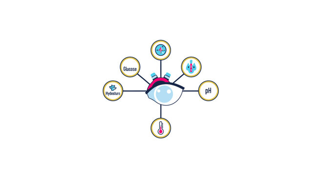 Smart Contact Lens Health Monitoring Infographic with Glucose and pH Biometric Sensors