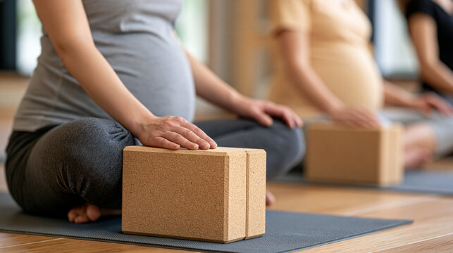 Pregnant women practicing yoga and meditation in a wellness class, using cork blocks for support, focusing on mindfulness, health, and maternity fitness