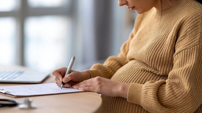 Pregnant woman filling out medical form during prenatal care appointment, managing health insurance and preparing for motherhood at the doctor's office, copy space