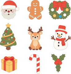 Fototapeta premium Cute Christmas Holiday Characters and Festive Decorations Collection