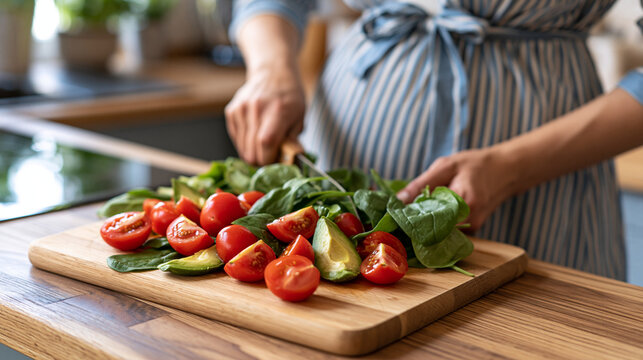 Pregnant woman preparing a fresh, nutrient rich salad in a modern kitchen, focusing on healthy eating and proper nutrition during pregnancy for well being