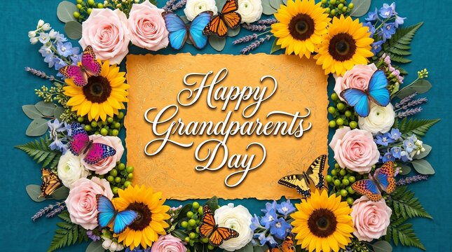 Happy Grandparents Day greeting card, floral frame with sunflowers and roses, elegant script on vintage paper with butterflies and lavender