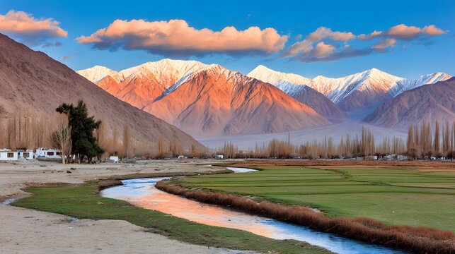 valley surrounded by snow-covered mountains during golden hour, winding river reflecting warm sunlight, dramatic clouds above distant peaks, cinematic depth, natural realism, majestic travel