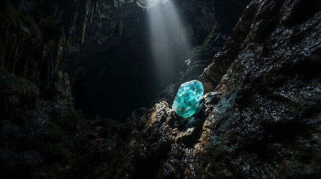 Gemstone glowing brilliantly inside a dark underground cavern as a dramatic ray of natural sunlight illuminates the precious crystal resting on rough stone surfaces.