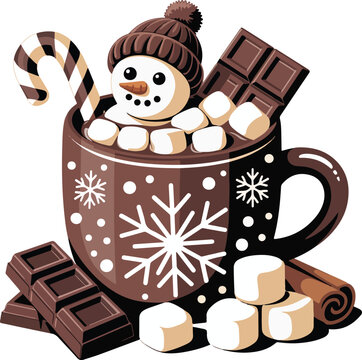 Cute Snowman Hot Chocolate Mug Christmas Illustration with Marshmallows and Chocolate