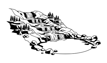 Obraz premium Stylized monochrome stepped waterfall landscape with rocks and pine trees vector