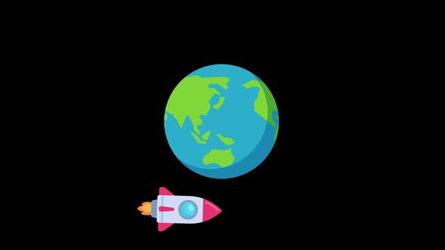 Playful cartoon rocket soaring through dark space next to a vibrant Earth, symbolizing cosmic adventure.