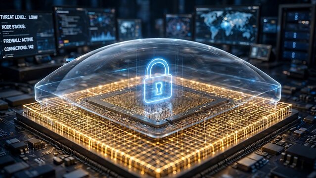 A futuristic quantum security chip is actively shielded by a digital padlock and glowing mesh on a circuit board.