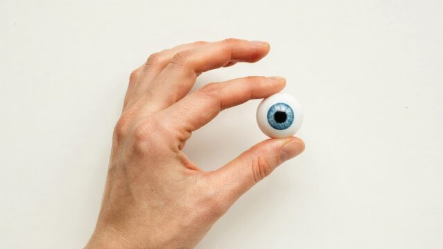 Human hand holding a small, spherical blue artificial eye on a white background