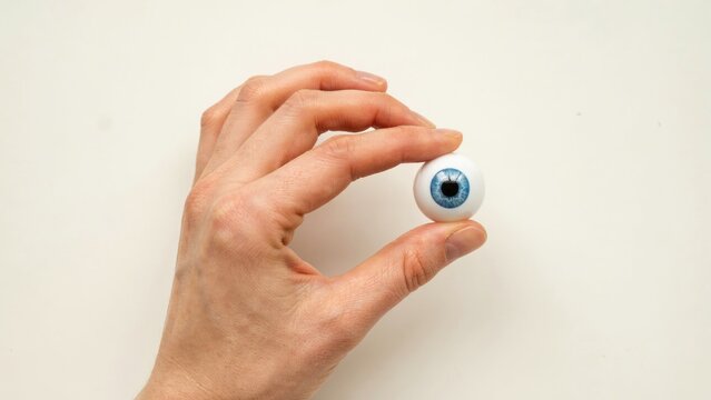 Hand holding a small artificial blue eyeball against a white background