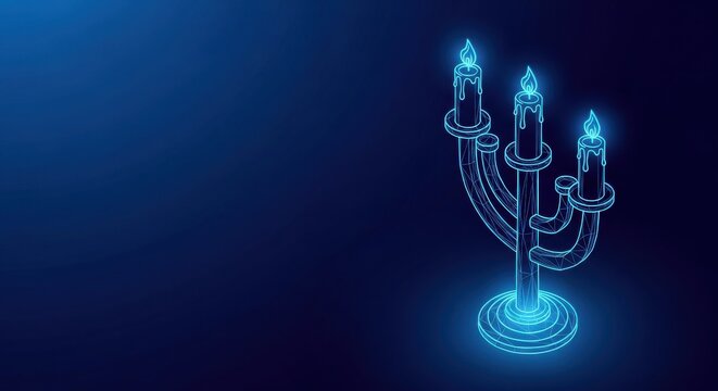 Glowing Electric Menorah With Two Flames, Abstract Digital Illustration Against Dark Blue