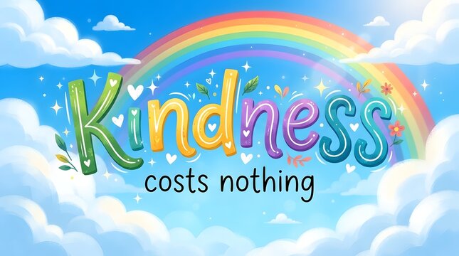  Kindness Costs Nothing Typography with Rainbow and Clouds on Blue Sky