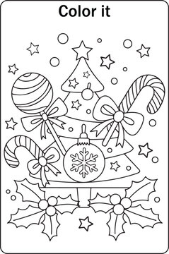 Christmas Tree Coloring Page with Candy Cane and Holiday Ornament Decorations

